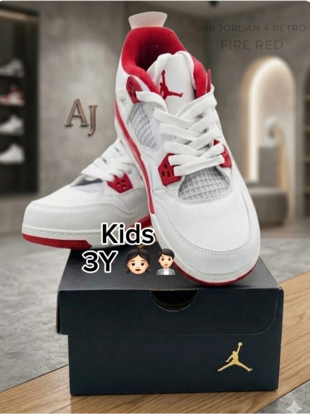 Jordan 4 Retro PS FOR Kids White & Red Low-Top Sneakers (Size 3Y)🙋🏻🙋🏻♀️